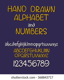 vector set of calligraphic acrylic or ink alphabet. ABC for your design. Hand drawn trendy alphabet. Blue background.