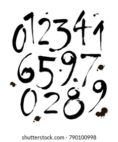 vector set of calligraphic acrylic or ink numbers. ABC for your design, brush lettering on a white background with blots