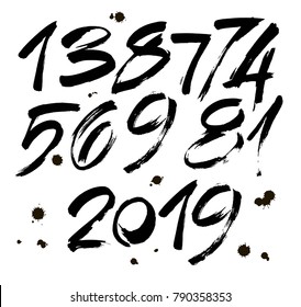 vector set of calligraphic acrylic or ink numbers. ABC for your design, brush lettering on a white background with blots