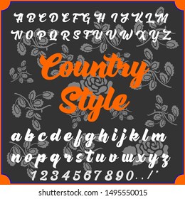 Vector set of calligraphic alphabet letters and numbers named Country Style