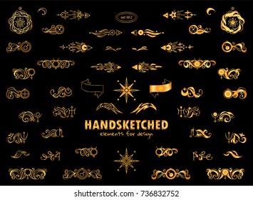 Vector set of calligraphic arrows, wave dividers, ribbon. Ornate and silhouette option.  Abstract Stars, planets signs and more space elements, premium gold color elements for design