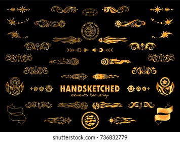 Vector set of calligraphic arrows, wave dividers, ribbon. Ornate and silhouette option.  Abstract Stars, planets signs and more space elements, premium gold color elements for design