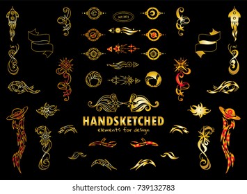 Vector set of calligraphic arrows, wave dividers, ribbon. Ornate and silhouette option.  Abstract Stars, shuttle, comet and more space elements, premium gold color elements for design