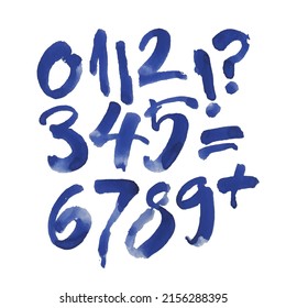vector set of calligraphic blue watercolor or ink numbers. ABC for your design, brush lettering on a white background