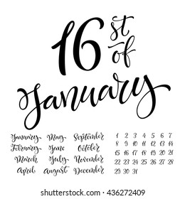 Vector set of calligraphic calendar. Hand drawn month and date. Handwritten modern calligraphy. Design elements for planner, diary or organizer