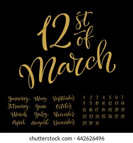 Vector set of calligraphic calendar. Hand drawn month and date. Handwritten modern calligraphy. Design elements for planner, diary or organizer