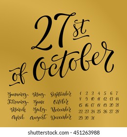 Vector set of calligraphic calendar. Hand drawn month and date. Handwritten modern calligraphy. Design elements for planner, diary or organizer