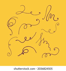 Vector set of calligraphic curls. Hand-drawn. Simple icon on a yellow background.