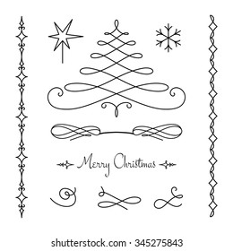 Vector set of calligraphic decorative elements, simple vignettes, flourishes and borders on white, page decoration template, scroll embellishment in retro style for Christmas design
