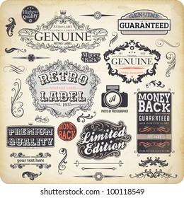 vector set: calligraphic design elements and page decoration, Premium Quality, Limited Edition and Genuine Guarantee Label collection with vintage frames