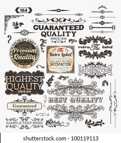 Vector set of calligraphic design elements: page decoration, Premium Quality and Satisfaction Guarantee and Highest Quality Labels, antique and baroque frames and borders for old design