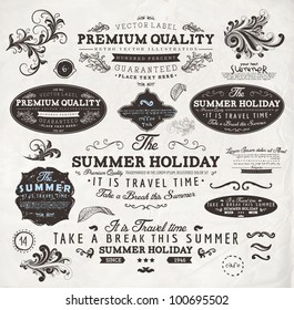 vector set: calligraphic design elements and page decoration, Summer Holiday and Travel Time Label collection with black grungy design for old style design