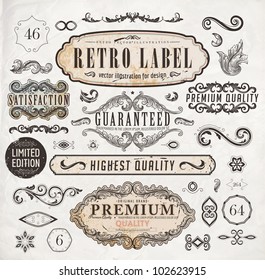 vector set: calligraphic design elements and page decoration, Premium Quality and Satisfaction Guarantee Label collection with black grungy rust design