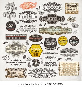 vector set: calligraphic design elements and page decoration, Premium Quality and Satisfaction Guarantee Label collection with vintage engraving flowers, leafs and berries for retro summer design.