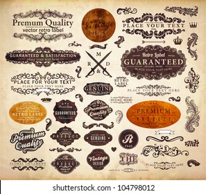 vector set: calligraphic design elements and page decoration, Premium Quality and Satisfaction Guarantee Label collection with black grungy design, old paper texture.