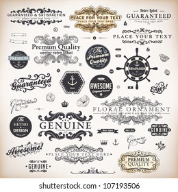 vector set: calligraphic design elements and page decoration, Premium Quality, Seafarers and Satisfaction Guarantee Label collection with black grungy design and flowers