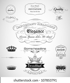 vector set: calligraphic design elements, vintage labels, crowns and page decoration