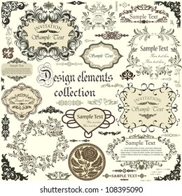 Vector set of calligraphic design elements and floral frames