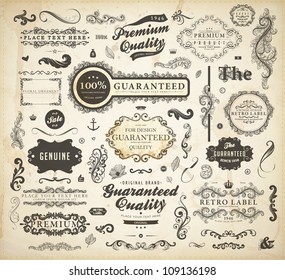 Vector set of calligraphic design elements: page decoration, Premium Quality and Satisfaction Guarantee Label, antique and baroque frames | Old paper texture with dirty footprints of a cup of coffee.