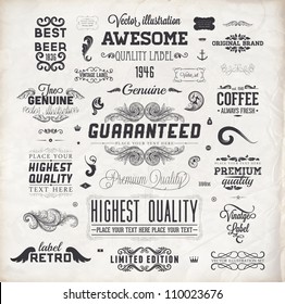 Vector Set Of Calligraphic Design Elements: Page Decoration, Premium Quality And Satisfaction Guarantee Label, Antique And Baroque Frames | Old Paper Texture With Dirty Footprints Of A Cup Of Coffee.