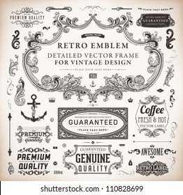 Vector set of calligraphic design elements: page decoration, Premium Quality and Satisfaction Guarantee Label, antique and baroque frames and floral ornaments collection