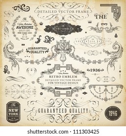 Vector set of calligraphic design elements: page decoration, Premium Quality and Satisfaction Guarantee Label, antique and baroque frames and ornaments | Old paper texture.