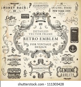 Vector set of calligraphic design elements: page decoration, Premium Quality and Satisfaction Guarantee Label, antique and baroque frames and floral ornaments | Old paper texture with grunge frames.