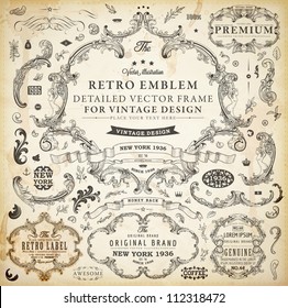 Vector set of calligraphic design elements: page decoration, Premium Quality and Satisfaction Guarantee Label, antique and baroque frames and floral ornaments | Old paper texture with grunge frames.
