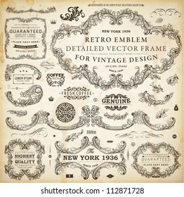 Vector set of calligraphic design elements: page decoration, Premium Quality and Satisfaction Guarantee Label, antique and baroque frames and floral ornaments | Old paper texture with grunge frames.