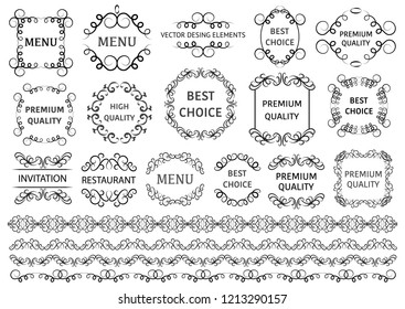 Vector set: calligraphic design elements and page decoration. Decorative swirls or scrolls, vintage frames , flourishes, labels and dividers.