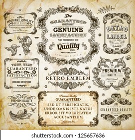 Vector set of calligraphic design elements: page decoration, Premium Quality and Satisfaction Guarantee Label, antique and baroque frames | Old paper texture with dirty footprints of a cup of coffee.