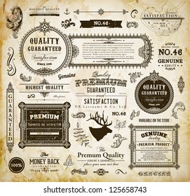 Vector set of calligraphic design elements: page decoration, Premium Quality and Satisfaction Guarantee Label, antique and baroque frames | Old paper texture with dirty footprints of a cup of coffee.