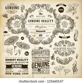 Vector set of calligraphic design elements: page decoration, Premium Quality and Satisfaction Guarantee Label, antique and baroque frames | Old paper texture with dirty footprints of a cup of coffee.