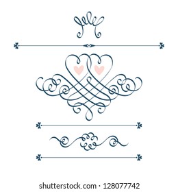 Conjunto vectorial de elementos de diseño calligráfico con un par de corazones, corona, flor. Dibujo abstracto adorable hecho a mano para el saludo original, tarjeta de invitación Día de San Valentín, boda