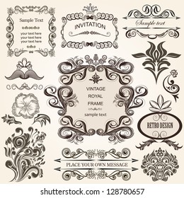 vector set: calligraphic design elements and floral frames. All objects are grouped separately.