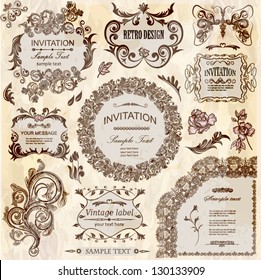 vector set: calligraphic design elements and floral frames. All objects are grouped separately.