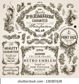 Vector set of calligraphic design elements: page decoration, Premium Quality and Satisfaction Guarantee Label, antique and baroque frames | Old paper texture with dirty footprints of a cup of coffee.