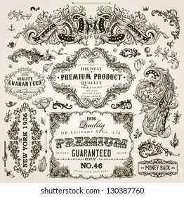 Vector set of calligraphic design elements: page decoration, Premium Quality and Satisfaction Guarantee Label, antique and baroque frames | Old paper texture with dirty footprints of a cup of coffee.