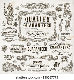 Vector set of calligraphic design elements: page decoration, Premium Quality and Satisfaction Guarantee Label, antique and baroque frames | Old paper texture with dirty footprints of a cup of coffee.