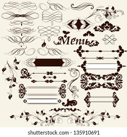 Vector set of calligraphic design elements and page decorations in retro style