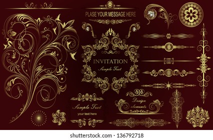 vector set: calligraphic design elements and floral frames. All objects are grouped separately.