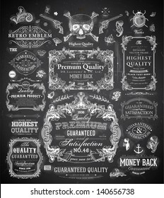 Vector set of calligraphic design elements: page decoration, Premium Quality and Satisfaction Guarantee Label, antique and baroque frames | Chalkboard background. Black illustration variant.