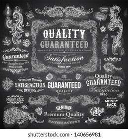 Vector set of calligraphic design elements: page decoration, Premium Quality and Satisfaction Guarantee Label, antique and baroque frames | Chalkboard background. Black illustration variant.