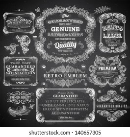 Vector set of calligraphic design elements: page decoration, Premium Quality and Satisfaction Guarantee Label, antique and baroque frames | Chalkboard background. Black illustration variant.