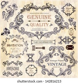 vector set: calligraphic design elements and floral frames. All objects are grouped separately.