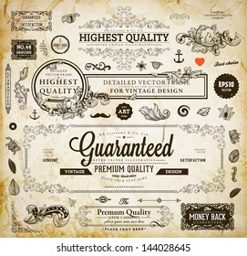 Vector set of calligraphic design elements: page decoration, Premium Quality and Satisfaction Guarantee Label, antique and baroque frames | Old paper texture with dirty footprints of a cup of coffee.