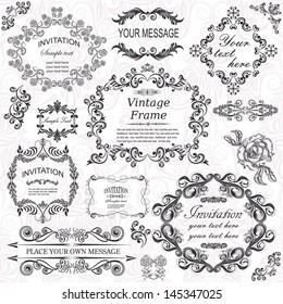 vector set: calligraphic design elements and floral frames. All objects are grouped separately.