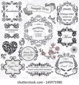 vector set: calligraphic design elements and floral frames. All objects are grouped separately.