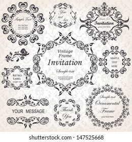 vector set: calligraphic design elements and floral frames. All objects are grouped separately.