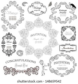 vector set: calligraphic design elements and floral frames. All objects are grouped separately.